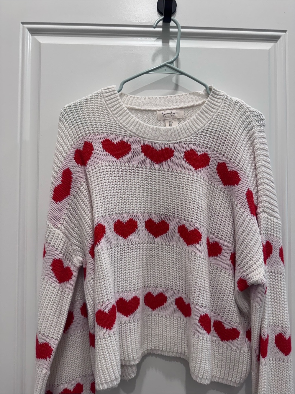 Jessica Simpson White Crewneck Sweater with Red Heart Stripes